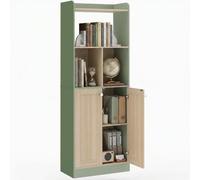 HOMCOM Bibliothèque à 5 Niveaux 2 Portes 60x30x161,2 cm Vert, Bois Naturel | Meuble de Rangement, Étagère à Livres, Étagère de Rangement, pour Salon, Chambre, Bureau
