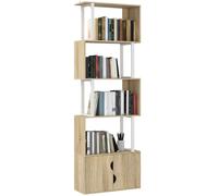 HOMCOM Bibliothèque à 5 Niveaux en Forme de S 60 x 23,8 x 179,2 cm Naturel | Meuble de Rangement, avec Étagères et Placard Double Porte, Étagère de Rangement, pour Salon Chambre Bureau