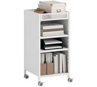 HOMCOM Bibliothèque à roulettes à 3 niveaux, panier de rangement supérieur, étagères réglables, chariot de rangement pour la maison, le salon, le bureau - Blanc