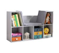 HOMCOM Bibliothèque Enfant avec Banc 6 étagères 103x30x62cm Gris | 3 coussins, tabouret, étagère à jouets, bibliothèque enfant, organisateur de jouets, salle de jeux, chambre d'enfant