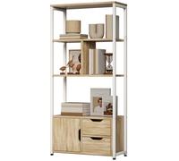 HOMCOM Bibliothèque Étagère à livres avec étagères, tiroirs et porte 58x24x122 cm Style industriel Blanc et bois naturel