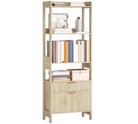 HOMCOM Bibliothèque Haute Moderne 4 Étagères 60 x 30 x 160 cm Bois Naturel | Étagère de Rangement, 2 Tiroirs Cannelés, Poignées Dorées, pour Salon Chambre Bureau