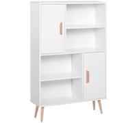 HOMCOM Bibliothèque scandinave 4 niches + 2 placards avec étagère dim. 80L x 24l x 123H cm Pieds effilés inclinés Bois Massif Panneaux Particules Blanc