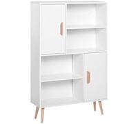 HOMCOM Bibliothèque scandinave 4 niches + 2 placards avec étagère dim. 80L x 24l x 123H cm Pieds effilés inclinés Bois Massif Panneaux Particules Blanc