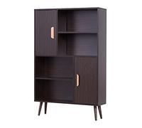 HOMCOM Bibliothèque scandinave 4 niches + 2 placards avec étagère dim. 80L x 24l x 123H cm Pieds effilés inclinés Bois Massif Panneaux Particules wengé