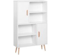 HOMCOM Bibliothèque Scandinave 80L x 24l x 123H cm Blanc | 4 Niches + 2 Placards avec Étagère, Pieds Effilés Inclinés