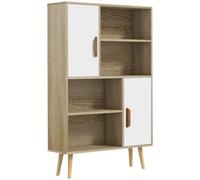 HOMCOM Bibliothèque Scandinave 80L x 24l x 123H cm Bois Massif Chêne | 4 Niches + 2 Placards avec Étagère, Pieds Effilés Inclinés