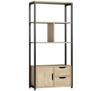 HOMCOM Bibliothèque style industriel 3 étagères placard porte 2 tiroirs 58 x 24 x 122 cm effet bois naturel acier noir