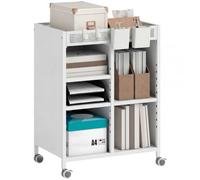 HOMCOM bibliothèque sur roulettes, Chariot à Livres 4 Niveaux Blanc | Panier de rangement supérieur, étagères réglables, chariot roulant, salon, bureau