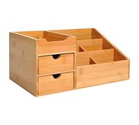 HOMCOM Boite de Rangement de Bureau - Organiseur de Bureau - 7 Compartiments, 2 tiroirs - Bambou Verni, Bambou