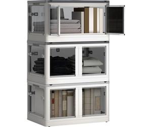 HOMCOM Boîtes de rangement pliables et empilables 69L en plastique, caisses rangement 3 cubes avec couvercle et 4 roulettes, accès à 5 côtés, pour jouets et livres, blanc