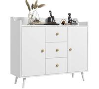 HOMCOM Buffet 2 Portes 3 Tiroirs, Style Moderne, 90 x 32 x 80 cm Blanc | Meuble de Rangement, Pieds en Bois Massif, Salle à Manger, Cuisine, Salon
