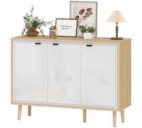 HOMCOM Buffet à Haute Brillance, 3 Portes, 107 x 35 x 77 cm, Blanc Chêne | Meuble de Rangement, Étagères Réglables, Pieds en Bois, Style Moderne, Buffet Salle à Manger, Cuisine et Salon