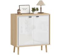 HOMCOM Buffet à Haute Brillance, Meuble de Rangement avec 2 Portes, étagère réglable, Pieds en Bois, Style Moderne, Buffet Salle à Manger, Cuisine et Salon, 72 x 35 x 77 cm, Blanc et chêne