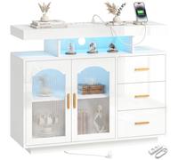 HOMCOM Buffet avec LED RGB 7 couleurs prises ports USB 3 tiroirs étagères ouvertes 2 portes Blanc Brillant 100x35x80 cm