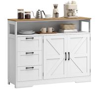 HOMCOM Buffet Cuisine, 3 Tiroirs, 2 Portes Façon Grange, Blanc et Chêne | Meuble de Rangement avec Plan de Travail et Compartiment Ouvert, Style Rustique, Buffet Salle à Manger, Salon et Chambre
