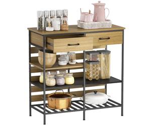 HOMCOM Buffet Cuisine avec 2 Tiroirs 90 x 40 x 91 cm Bois Naturel et Noir | Meuble de Rangement, 3 Étagères Ouvertes, Style Industriel, Cadre en Acier, Salle à Manger, Salon, Cuisine