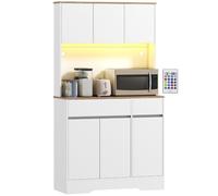 HOMCOM Buffet Cuisine avec Lumière LED RGB 100x38x180cm Blanc et Naturel | Meuble Cuisine Rangement Haut, Meuble de Rangement avec Plan de Travail, 6 Portes, 2 Tiroirs, Étagères Réglables Inclus