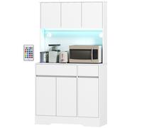 HOMCOM Buffet cuisine meuble cuisine rangement haut avec lumière LED RGB, plan de travail, 6 portes, 2 tiroirs, blanc