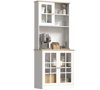 HOMCOM Buffet Cuisine, Meuble Cuisine Rangement Haut, Meuble de Rangement avec Plan de Travail, 3 Portes vitrées, 2 niches et étagères réglables, 80 x 37 x 183 cm, Blanc chêne