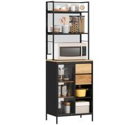 HOMCOM Buffet Cuisine Meuble Micro Onde 60x40x180cm Bois Naturel et Noir | Porte Coulissante en Maille, Tiroirs et Étagères Ouvertes, Meuble de Rangement Industriel