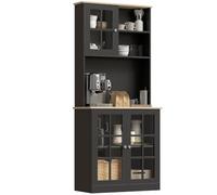 HOMCOM Buffet Cuisine Meuble Rangement Haut 80 x 37 x 183 cm Noir Chêne | Meuble Cuisine Rangement Haut avec Plan de Travail, 3 Portes Vitrées, 2 Niches , Étagères Réglables