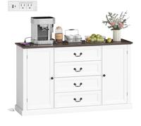 HOMCOM Buffet de Cuisine, Armoire de Cuisine avec 4 tiroirs à Fermeture Douce, étagère épaisse, Buffet avec étagères réglables, Style Rustique, pour Le Salon, la Salle à Manger, 147x40x87 cm, Blanc