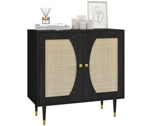 HOMCOM Buffet de Cuisine Design Bohème 80 x 38 x 79 cm Noir | Meuble de Rangement, Double Portes, avec 2 Niveaux, Façade en Cannage