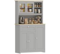 HOMCOM Buffet de cuisine haut 180 cm (70,9 pouces) avec niche ouverte, gris | Buffet de cuisine moderne avec portes vitrées, tiroir, étagères réglables et passe-câble pour salle à manger