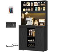 HOMCOM Buffet de Cuisine Haut Style Rustique avec 2 Armoires, Porte-Bouteilles, Prises de Recharge et Lumières LED, Noir