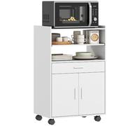 HOMCOM Buffet de Cuisine sur roulettes 2 Portes Tiroir Blanc | Étagère micro-ondes, tiroir coulissant, armoire pour cuisine et salle à manger