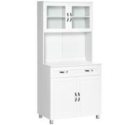 HOMCOM Buffet Haut Cuisine, 4 Portes Dont 2 en Verre 80x48x170cm Blanc | Armoire de Cuisine, Vaisselier, Tiroir, Plan de Travail, Étagères Réglables, Meuble de Rangement pour Salon Salle à Manger