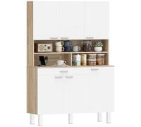 HOMCOM Buffet Haut Cuisine 6 Portes Tiroir 120x40x175cm Blanc Bois Naturel | Armoire de Cuisine, Vaisselier, Étagères Ouvertes, Style Moderne, Meuble de Rangement, Salon, Salle à Manger