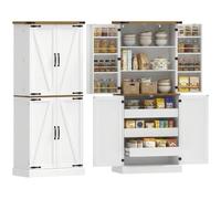 HOMCOM Buffet Haut Cuisine Armoire de Cuisine 4 Portes 76x40x182cm Blanc | Vaisselier, 3 Tiroirs, 8 Porte-Racks, Étagères Réglables, Style Rustique, Meuble de Rangement Salon, Salle à Manger