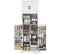 HOMCOM Buffet haut cuisine armoire de cuisine, 4 portes plan de travail 8 porte-épices étagères réglables 60x40x181,5cm blanc
