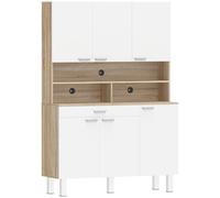 HOMCOM Buffet haut cuisine, armoire de cuisine, 6 portes, tiroir et étagères ouvertes, 120x40x175cm, blanc et bois naturel