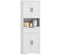 HOMCOM Buffet haut cuisine, armoire de cuisine, vaisselier avec 4 portes, tiroir, compartiment ouvert et étagères réglables, meuble de rangement pour salon, salle à manger, 60 x 30 x 172 cm, blanc