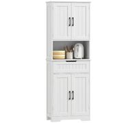 HOMCOM Buffet haut cuisine, armoire de cuisine, vaisselier avec 4 portes, tiroir, compartiment ouvert et étagères réglables, meuble de rangement pour salon, salle à manger, 60 x 30 x 172 cm, blanc