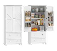 HOMCOM Buffet Haut Cuisine Armoire de Cuisine 80x39,5x184,5cm Blanc | Vaisselier, 2 Portes 2 Tiroirs, 6 Porte-Racks, Étagères Réglables, Style Rustique, Meuble de Rangement Salon, Salle à Manger