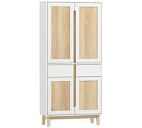 HOMCOM Buffet haut cuisine, armoire de cuisine avec 4 portes, 2 tiroirs et étagères réglables, 80x35x170cm, blanc et chêne