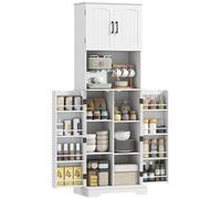 HOMCOM Buffet haut cuisine, armoire de cuisine avec 4 portes, vaisselier, 8 porte-épices, étagères ajustables, meuble de rangement pour salon salle à manger, plan de travail, 60 x 40 x 181,5 cm, blanc