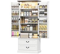 HOMCOM Buffet haut cuisine, armoire de cuisine, LED à capteur, 2 portes, tiroirs et étagères réglables, 76x39,5x183cm, blanc