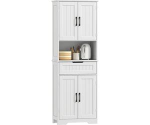 HOMCOM Buffet haut cuisine, armoire de cuisine, vaisselier avec 4 portes, tiroir, compartiment ouvert et étagères réglables, meuble de rangement pour salon, salle à manger, 60 x 30 x 172 cm, blanc