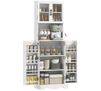 HOMCOM Buffet Haut Cuisine, Armoire de Cuisine, vaisselier vitrine, 4 Portes, 8 Porte-épices, Plan de Travail, étagère réglable, Meuble de Rangement pour Salon, Salle à Manger, 60x39,5x179,6cm, Blanc