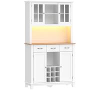 HOMCOM Buffet haut cuisine avec éclairage LED, vaisselier, 4 portes dont 2 en verre, tiroirs, porte-bouteilles, blanc