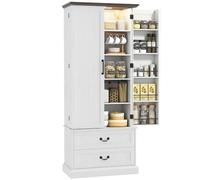 HOMCOM Buffet Haut Cuisine avec LED à Capteur 2 Portes 76x39,5x183cm Blanc | Armoire de Cuisine, 10 Porte-Épices, 2 Tiroirs, Étagères Réglables, Meuble de Rangement pour Salon, Salle à Manger