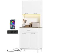 HOMCOM Buffet Haut Cuisine avec LED et Station de Charge, Armoire de Cuisine 180cm avec 4 Portes, Tiroir, Étagères Réglables et Plan de Travail, Meuble de Rangement pour Salon, Salle à Manger, Blanc
