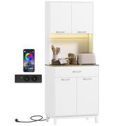 HOMCOM Buffet haut cuisine avec LED et station de charge, armoire de cuisine avec 4 portes, tiroir et plan de travail, blanc