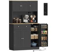 HOMCOM Buffet Haut Cuisine avec Prises et Ports USB, Armoire de Cuisine, 6 Portes, Plan de Travail, Porte-Épices, Étagères Réglables, Meuble de Rangement pour Salon Salle à Manger, 100x40x173cm, Noir