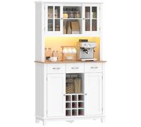 HOMCOM Buffet Haut Cuisine LED Contrôlé App 4 Portes 100x39,5x180 cm Blanc | Meuble de Rangement, Vaisselier Vitrine, 3 Tiroirs, Porte-Bouteilles, Plan de Travail, Étagères Réglables, Meuble Cuisine